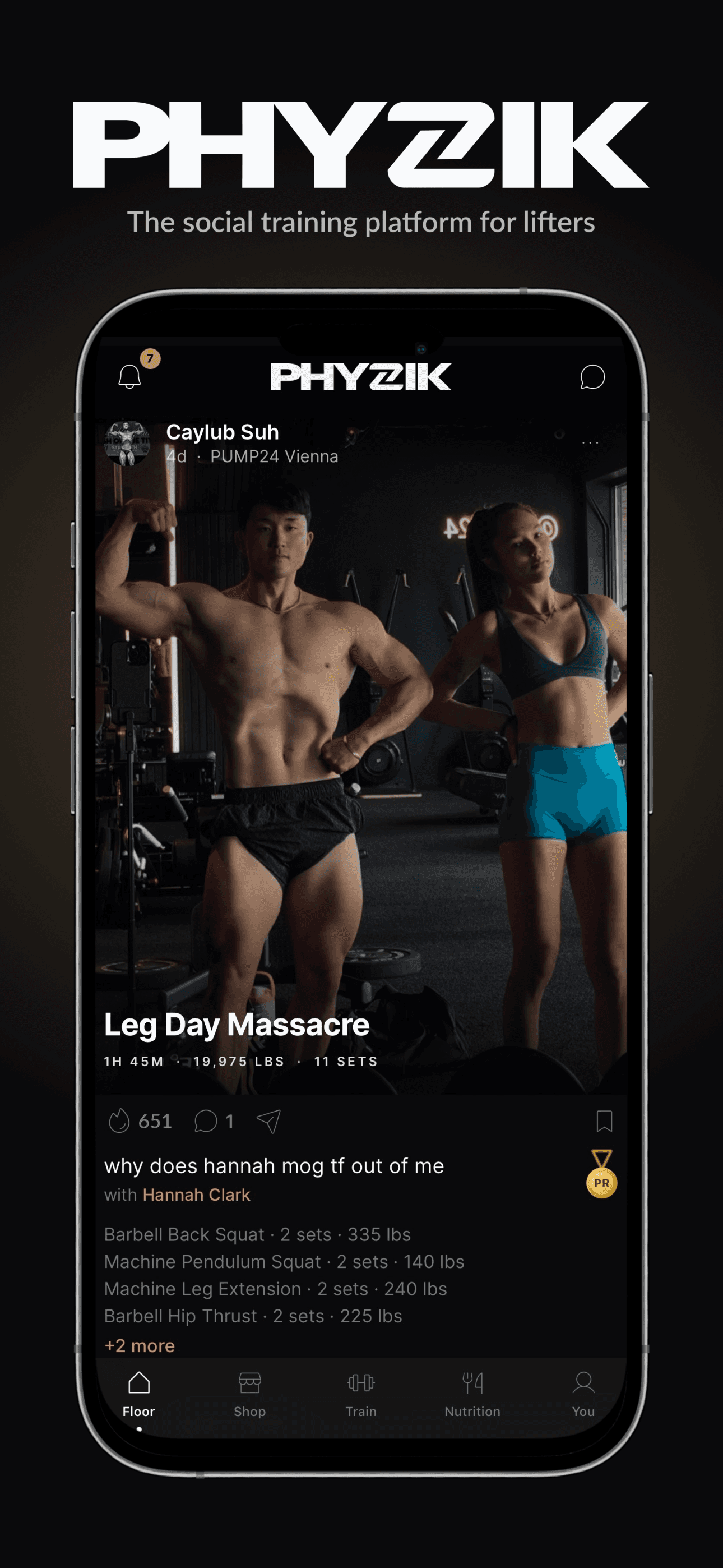 A PHYZIK Floor post showing a real logged workout with sets, volume, and PRs