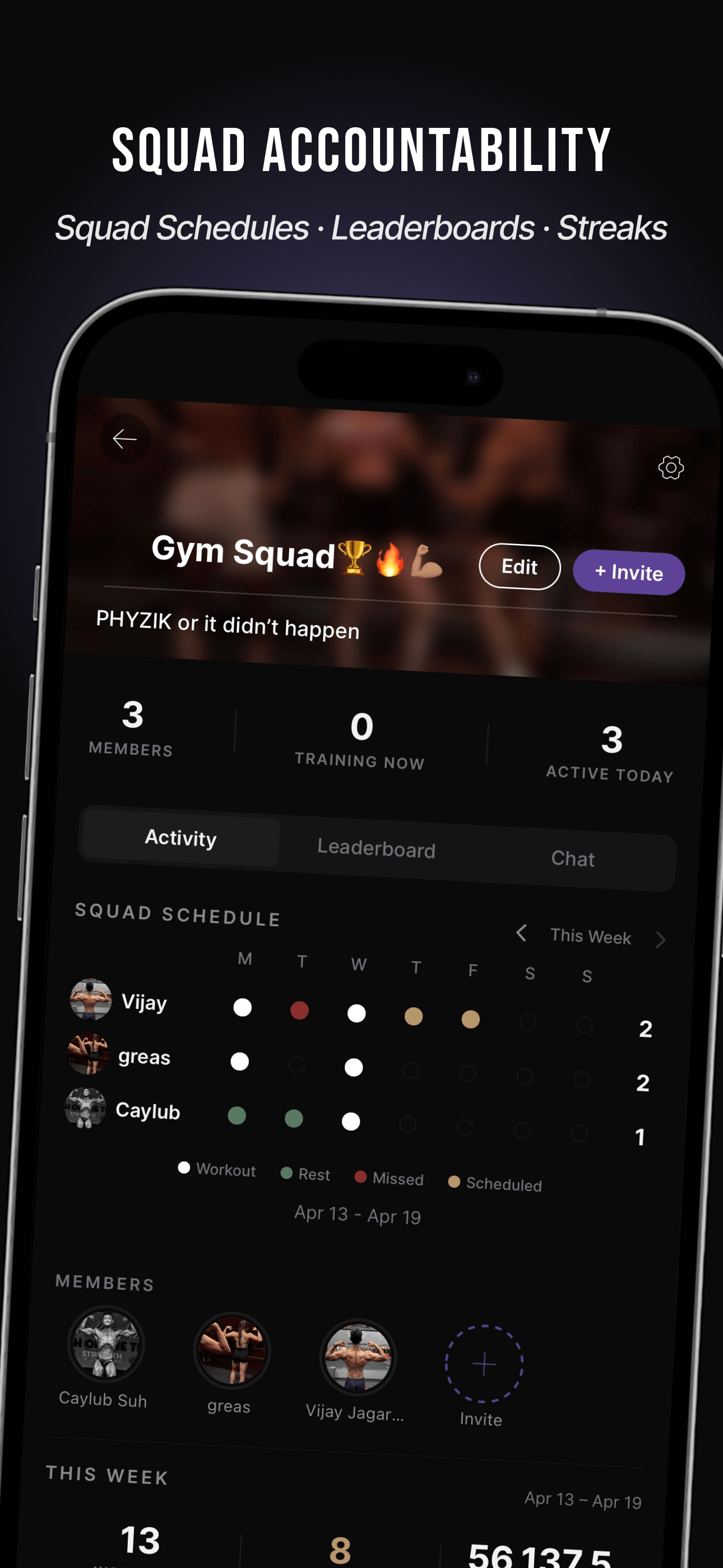 PHYZIK squads with leaderboard and shared schedule